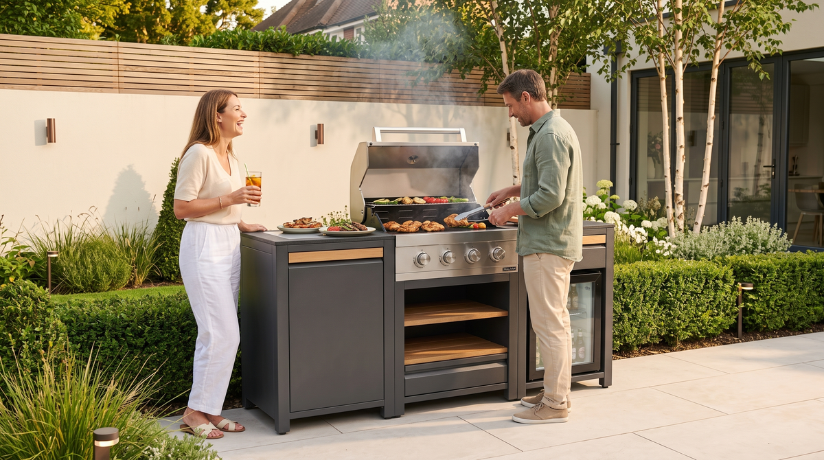 Urban Compact Outdoor Kitchen with fridge in use with food on the grill