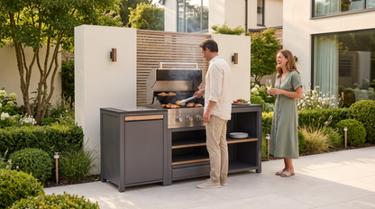 Urban Compact Outdoor Kitchen in use with food on the grill