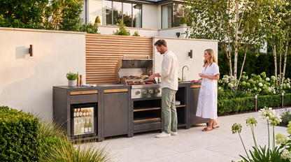Urban Large Outdoor Kitchen in use with food on the grill
