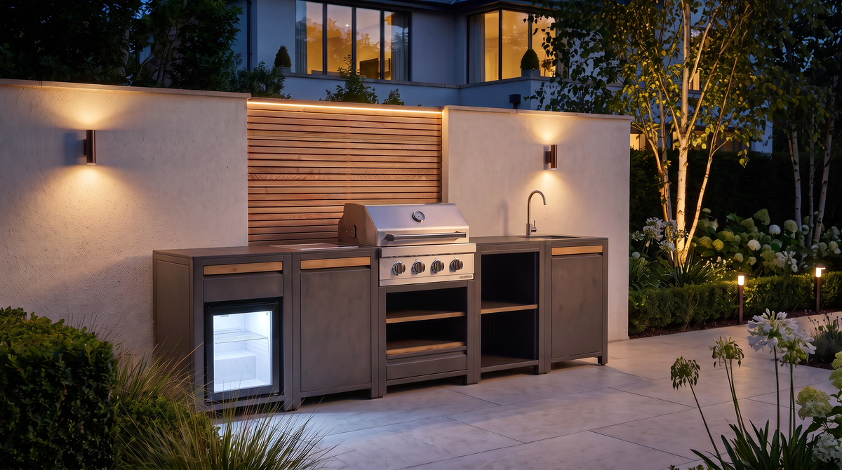 Urban Large Outdoor Kitchen lit up at night
