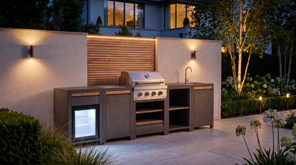 Urban Large Outdoor Kitchen lit up at night