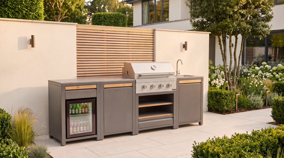Urban Medium Outdoor Kitchen on a patio by day
