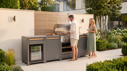 Urban Medium Outdoor Kitchen in use with food on the grill
