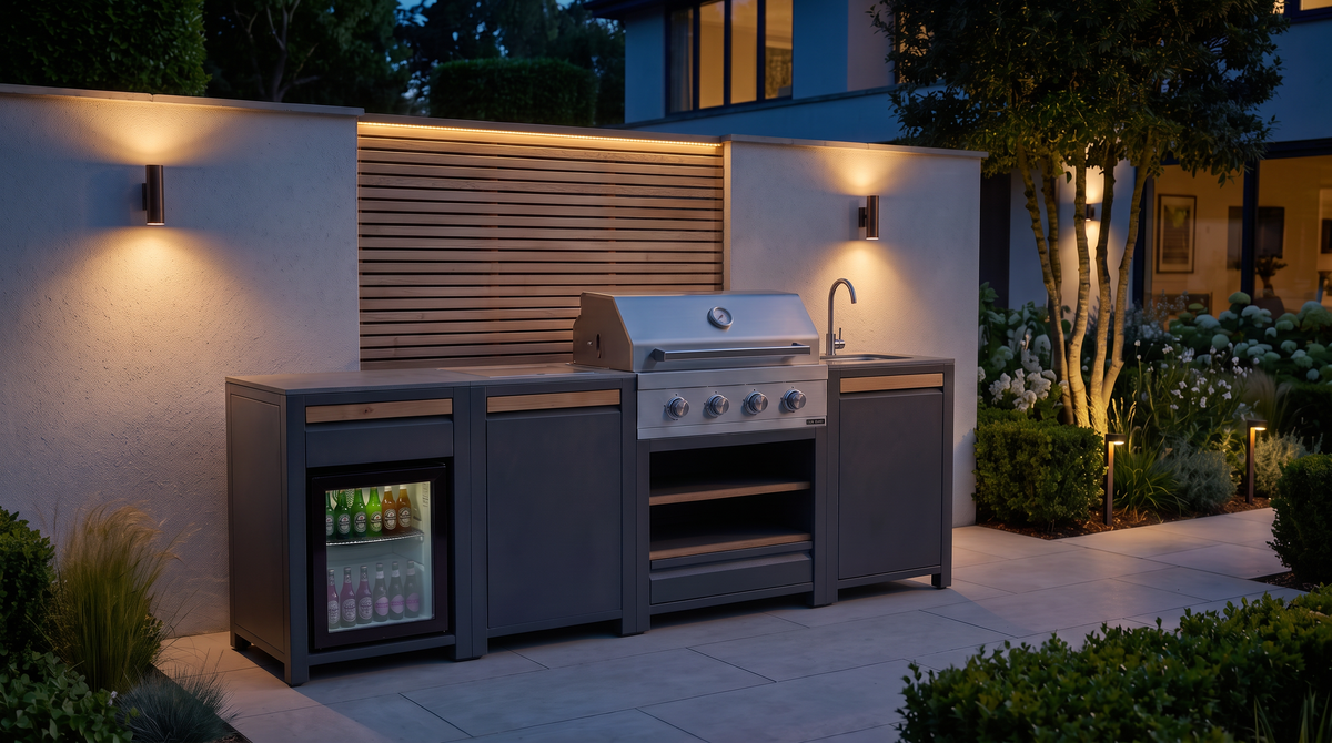Urban Medium Outdoor Kitchen lit up at night