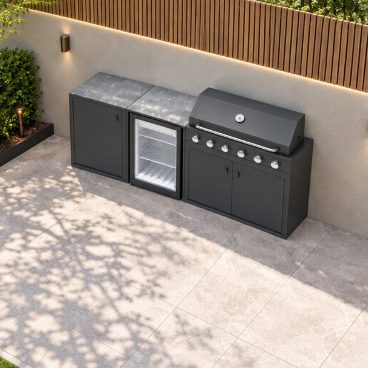 Vantage Compact Outdoor Kitchen with 6 Burner Gas BBQ and Fridge, on a patio, from above, Grey