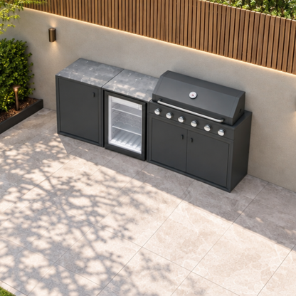 Vantage Compact Outdoor Kitchen with 6 Burner Gas BBQ and Fridge, on a patio, from above, Grey