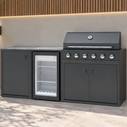 Vantage Compact Outdoor Kitchen with 6 Burner Gas BBQ and Fridge, on a patio by day, Grey