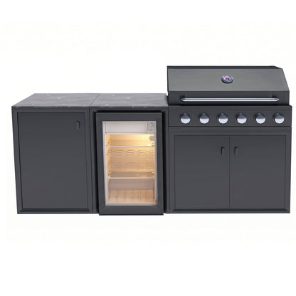 Vantage Compact Outdoor Kitchen with 6 Burner Gas BBQ and Fridge, front view with the fridge light on, Grey