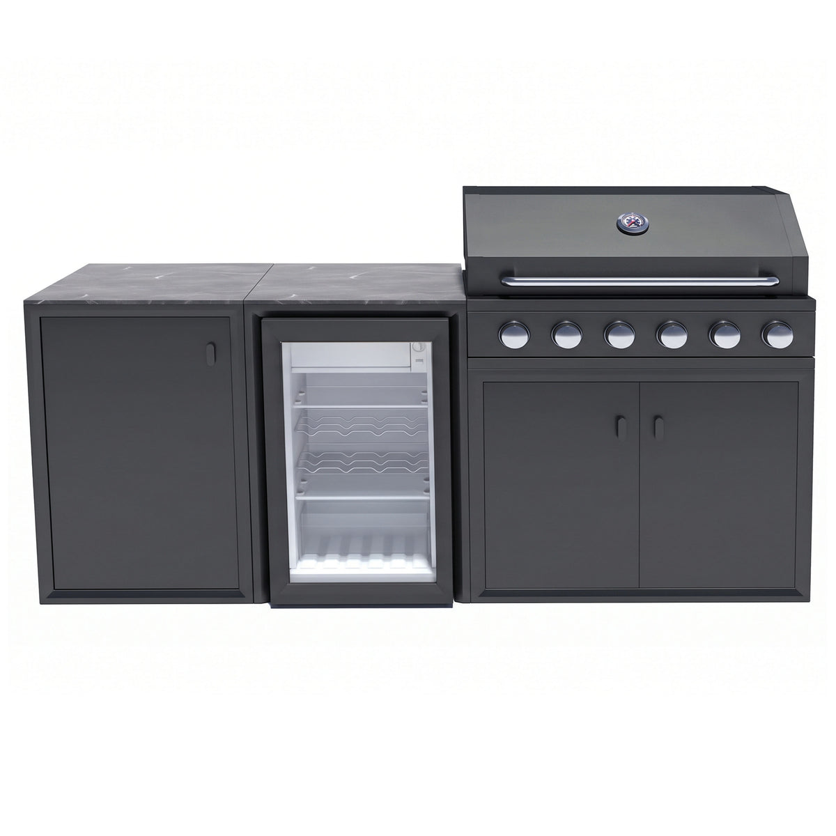 Vantage Compact Outdoor Kitchen with 6 Burner Gas BBQ and Fridge, front view, Grey
