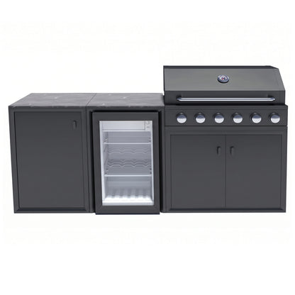 Vantage Compact Outdoor Kitchen with 6 Burner Gas BBQ and Fridge, front view, Grey