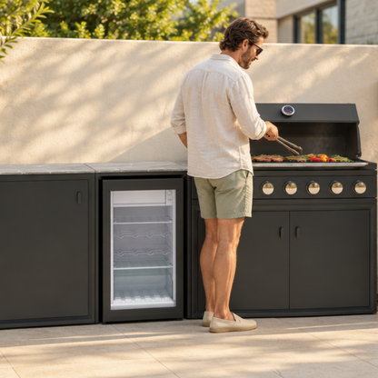 Vantage Compact Outdoor Kitchen with 6 Burner Gas BBQ and Fridge, in use on a patio, Grey