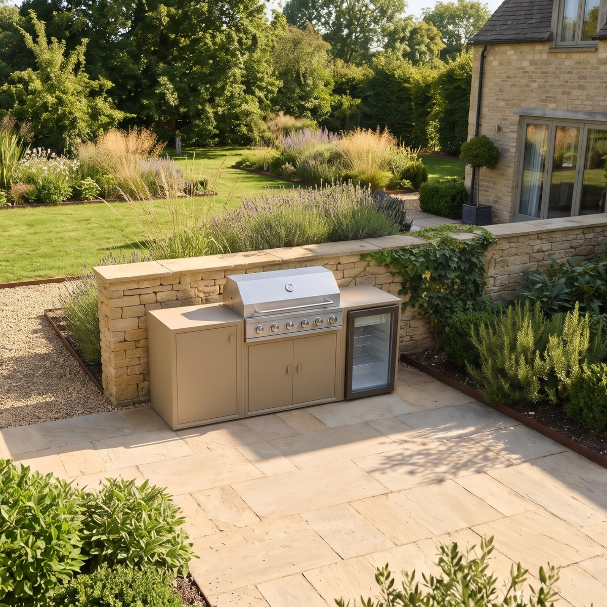Vantage Compact Outdoor Kitchen with 6 Burner Gas BBQ and Fridge, on a patio, from above, Sand