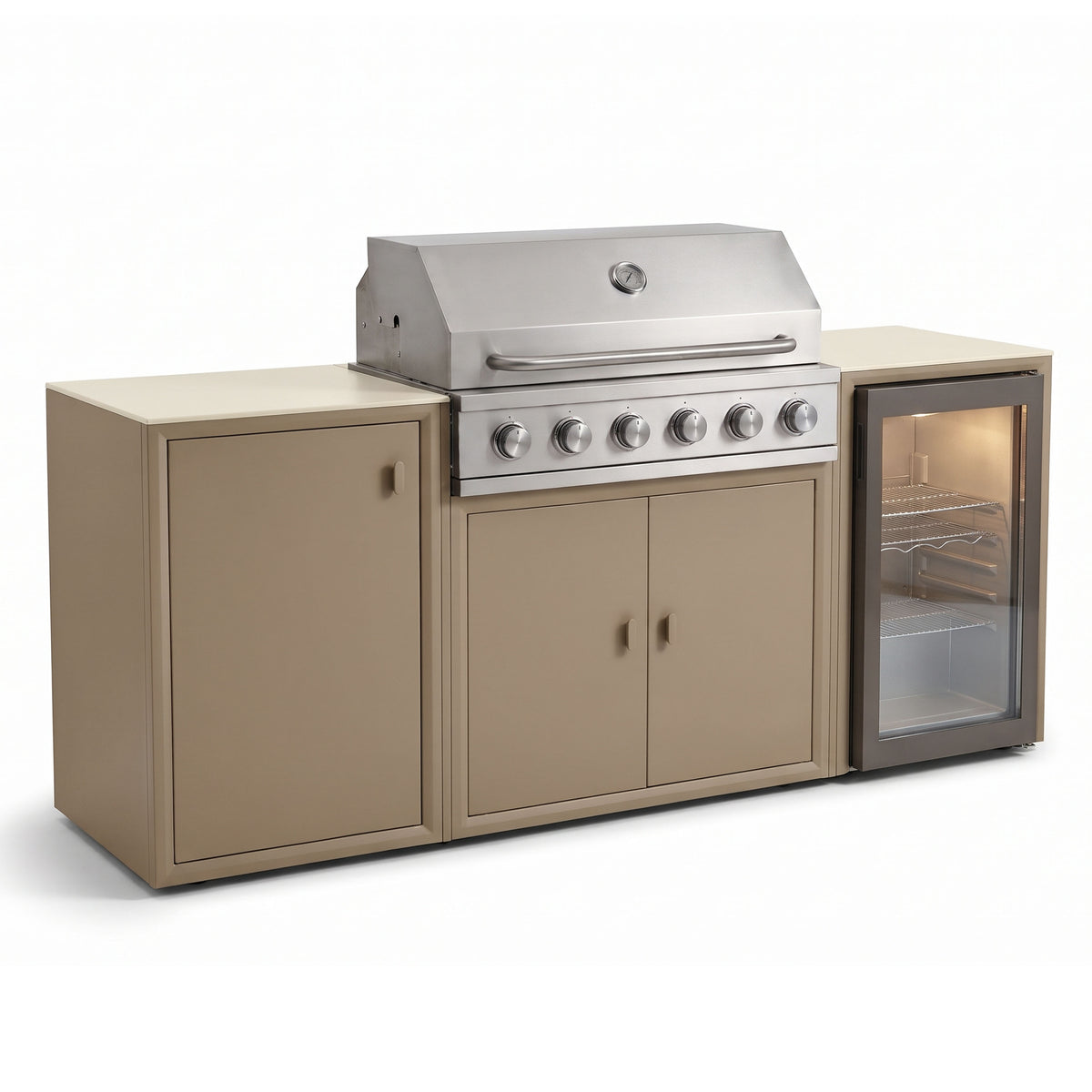 Vantage Compact Outdoor Kitchen with 6 Burner Gas BBQ and Fridge, front view, Sand