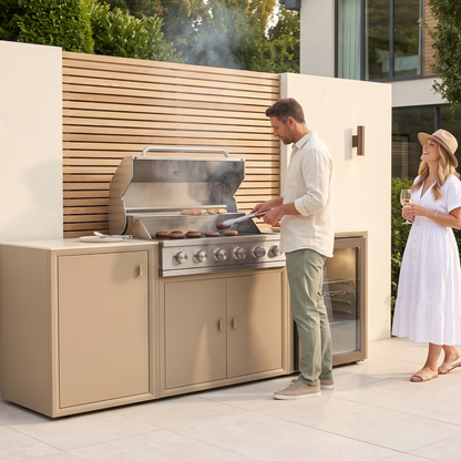 Vantage Compact Outdoor Kitchen with 6 Burner Gas BBQ and Fridge, in use on a patio, Sand