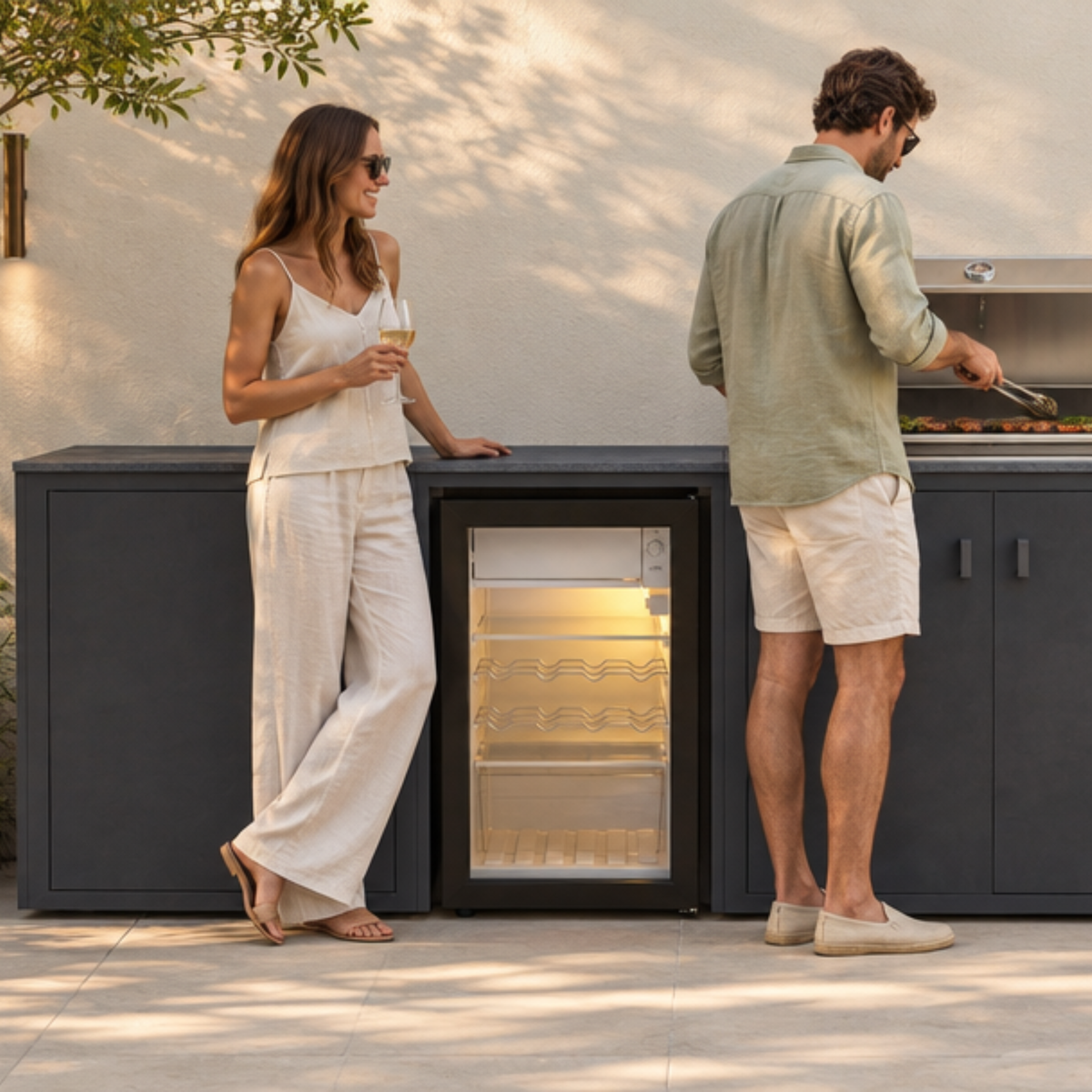 Vantage Linear Outdoor Kitchen with Fridge and 4 Burner BBQ, in use on a patio, Grey