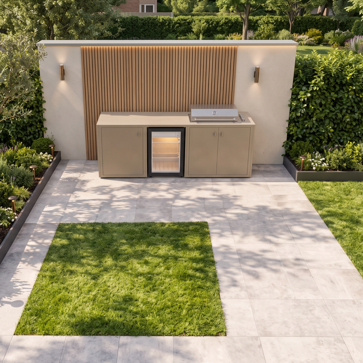 Vantage Linear Outdoor Kitchen with Fridge and 4 Burner BBQ, on a patio, from above, Sand#colour_sand