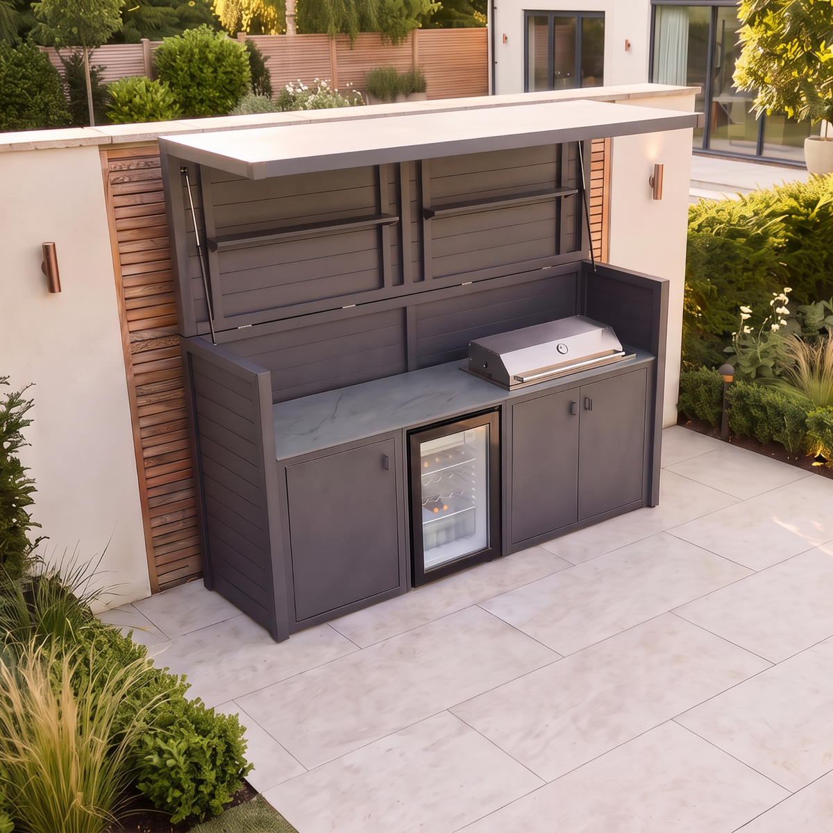 Vantage Outdoor Kitchen Pod with 4 Burner Gas Grill and Fridge, open, from above, Grey