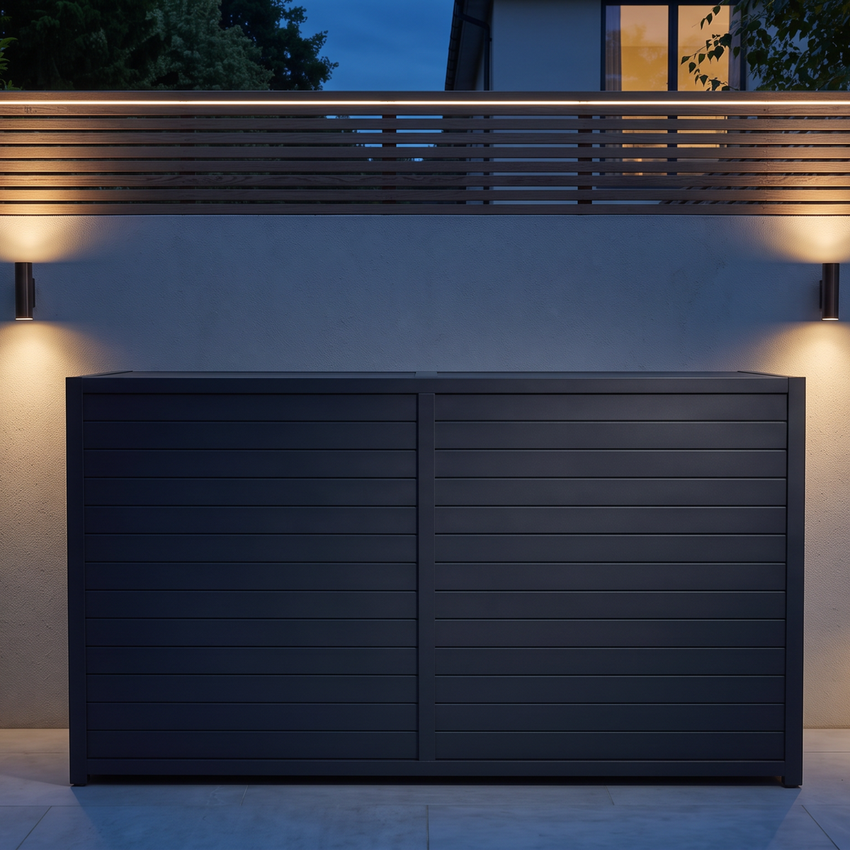 Vantage Outdoor Kitchen Pod with 4 Burner Gas Grill and Fridge, closed at night, Grey