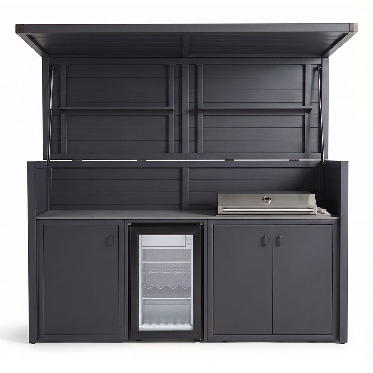 Vantage Outdoor Kitchen Pod with 4 Burner Gas Grill and Fridge, open, Grey