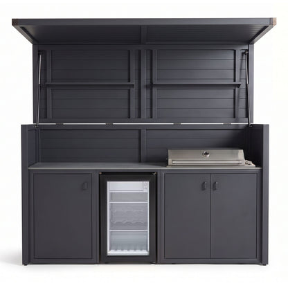 Vantage Outdoor Kitchen Pod with 4 Burner Gas Grill and Fridge, open, Grey