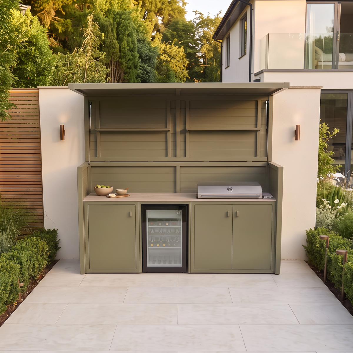 Vantage Outdoor Kitchen Pod with 4 Burner Gas Grill and Fridge, open, from above, Olive Green