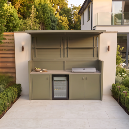 Vantage Outdoor Kitchen Pod with 4 Burner Gas Grill and Fridge, open, from above, Olive Green