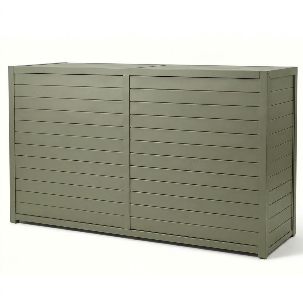 Vantage Outdoor Kitchen Pod with 4 Burner Gas Grill and Fridge, closed, Olive Green