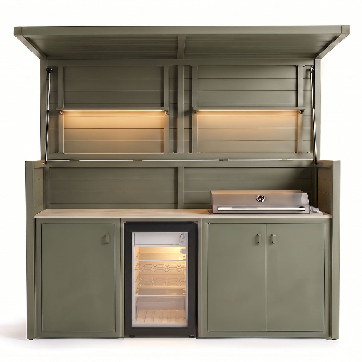 Vantage Outdoor Kitchen Pod with 4 Burner Gas Grill and Fridge, open with the shelf lights on, Olive Green
