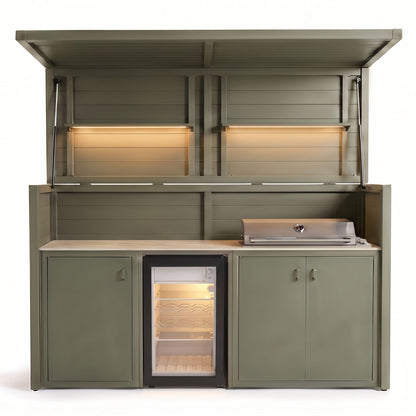 Vantage Outdoor Kitchen Pod with 4 Burner Gas Grill and Fridge, open with the shelf lights on, Olive Green