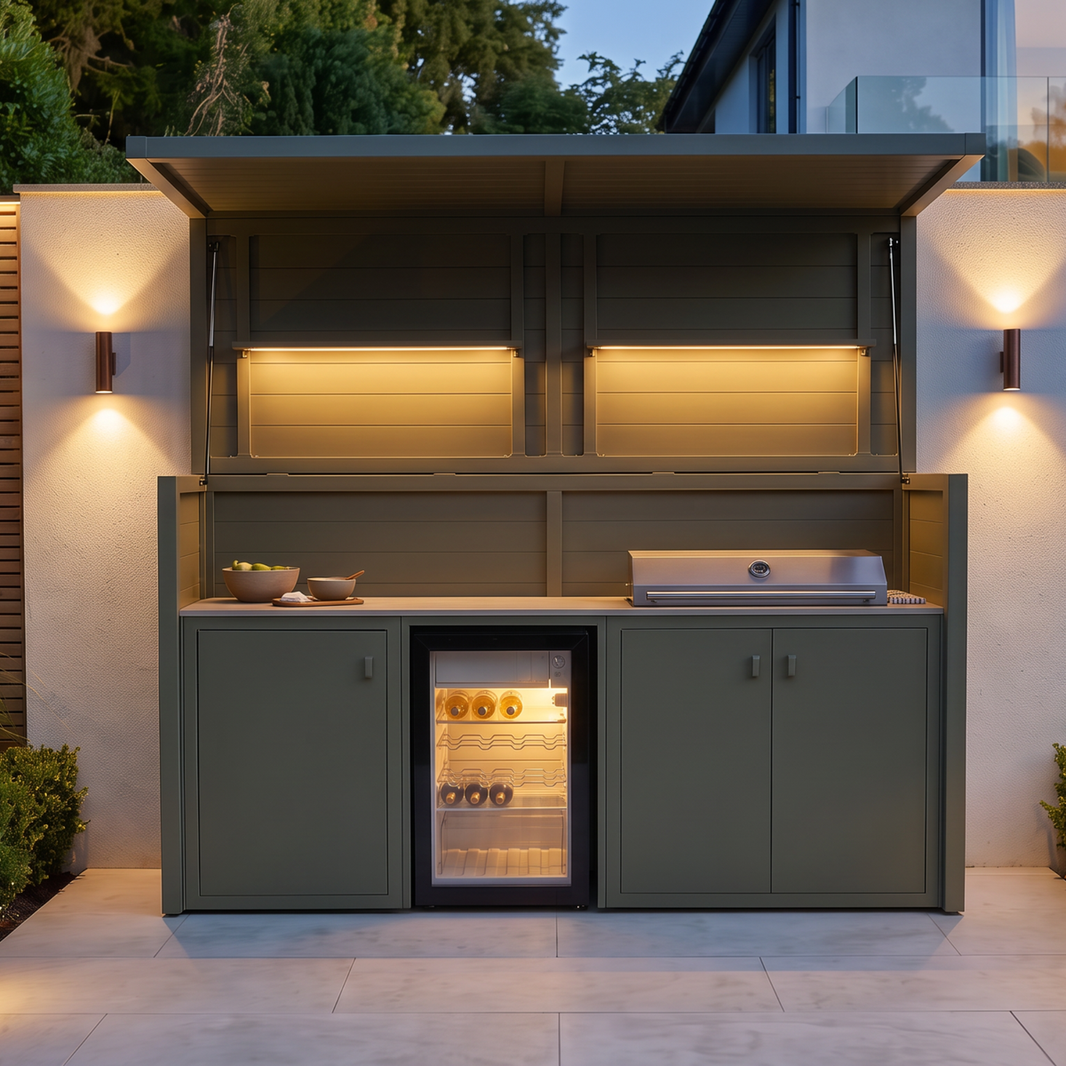 Vantage Outdoor Kitchen Pod with 4 Burner Gas Grill and Fridge, open and lit at night, Olive Green