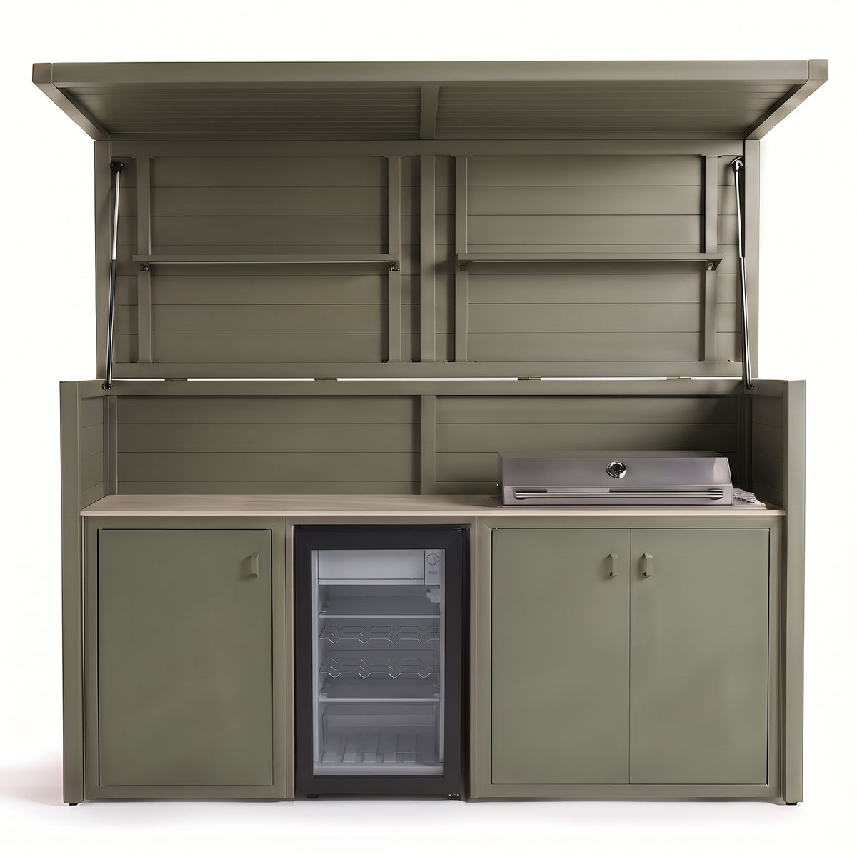 Vantage Outdoor Kitchen Pod with 4 Burner Gas Grill and Fridge, open, Olive Green