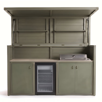 Vantage Outdoor Kitchen Pod with 4 Burner Gas Grill and Fridge, open, Olive Green