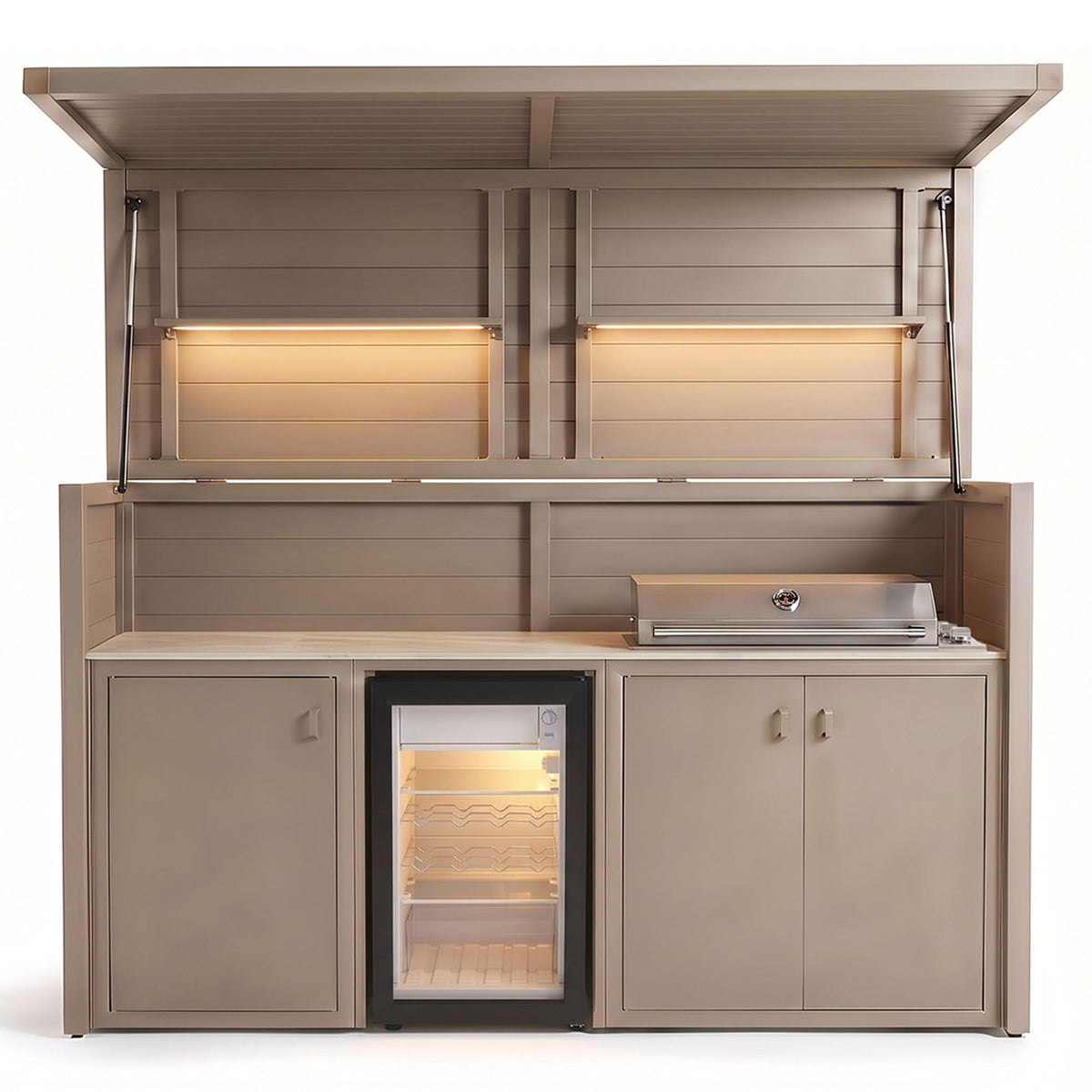 Vantage Outdoor Kitchen Pod with 4 Burner Gas Grill and Fridge, open with the shelf lights on, Sand