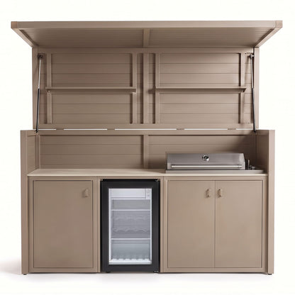 Vantage Outdoor Kitchen Pod with 4 Burner Gas Grill and Fridge, open, Sand