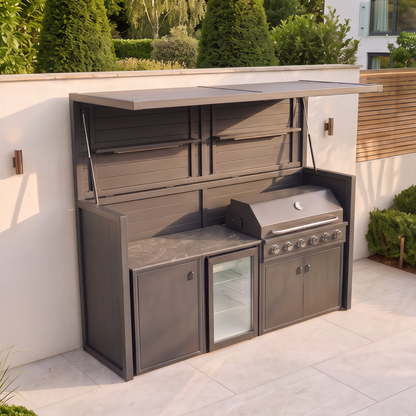 Vantage Outdoor Kitchen Pod with 6 Burner Gas BBQ and Fridge, open, from above, Grey