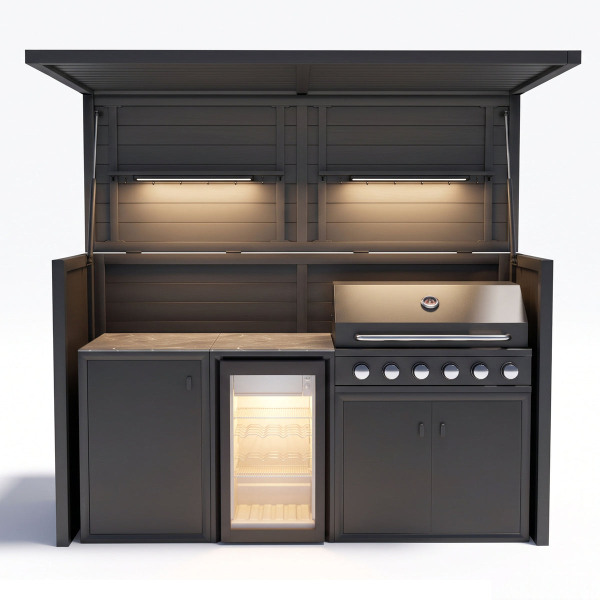Vantage Outdoor Kitchen Pod with 6 Burner Gas BBQ and Fridge, open with the shelf lights on, Grey