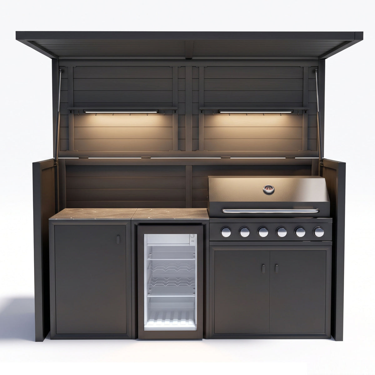 Vantage Outdoor Kitchen Pod with 6 Burner Gas BBQ and Fridge, open, Grey