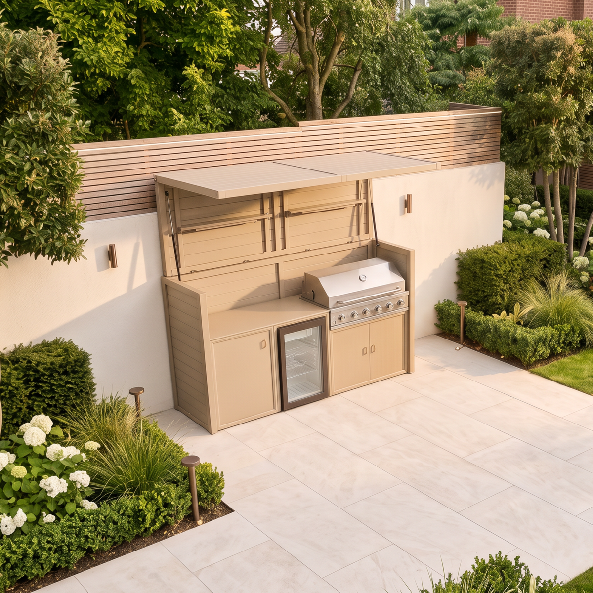 Vantage Outdoor Kitchen Pod with 6 Burner Gas BBQ and Fridge, open, from above, Sand
