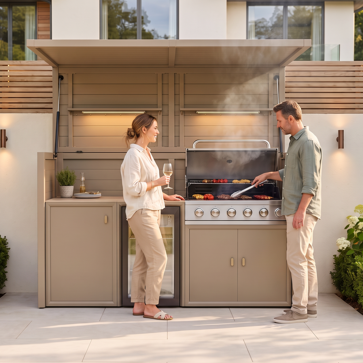 Vantage Outdoor Kitchen Pod with 6 Burner Gas BBQ and Fridge, in use on a patio, Sand