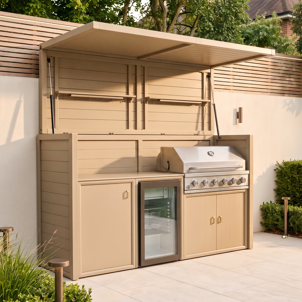 Vantage Outdoor Kitchen Pod with 6 Burner Gas BBQ and Fridge, open on a patio by day, Sand
