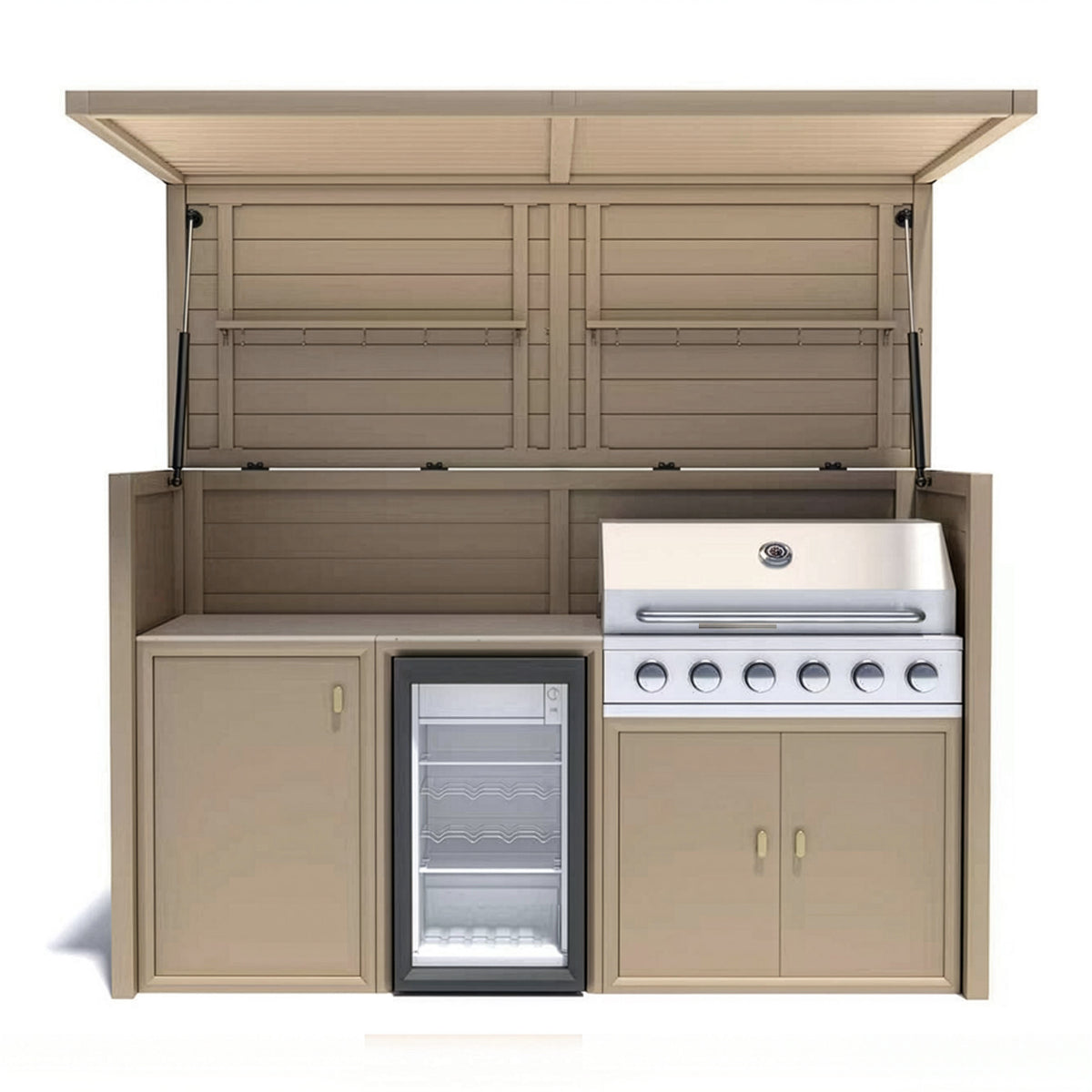 Vantage Outdoor Kitchen Pod with 6 Burner Gas BBQ and Fridge, open, Sand