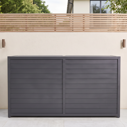 Vantage Outdoor Kitchen Pod Unit with Lift Up Lid, closed on a patio by day, Grey