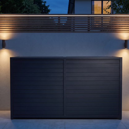 Vantage Outdoor Kitchen Pod Unit with Lift Up Lid, closed at night, Grey
