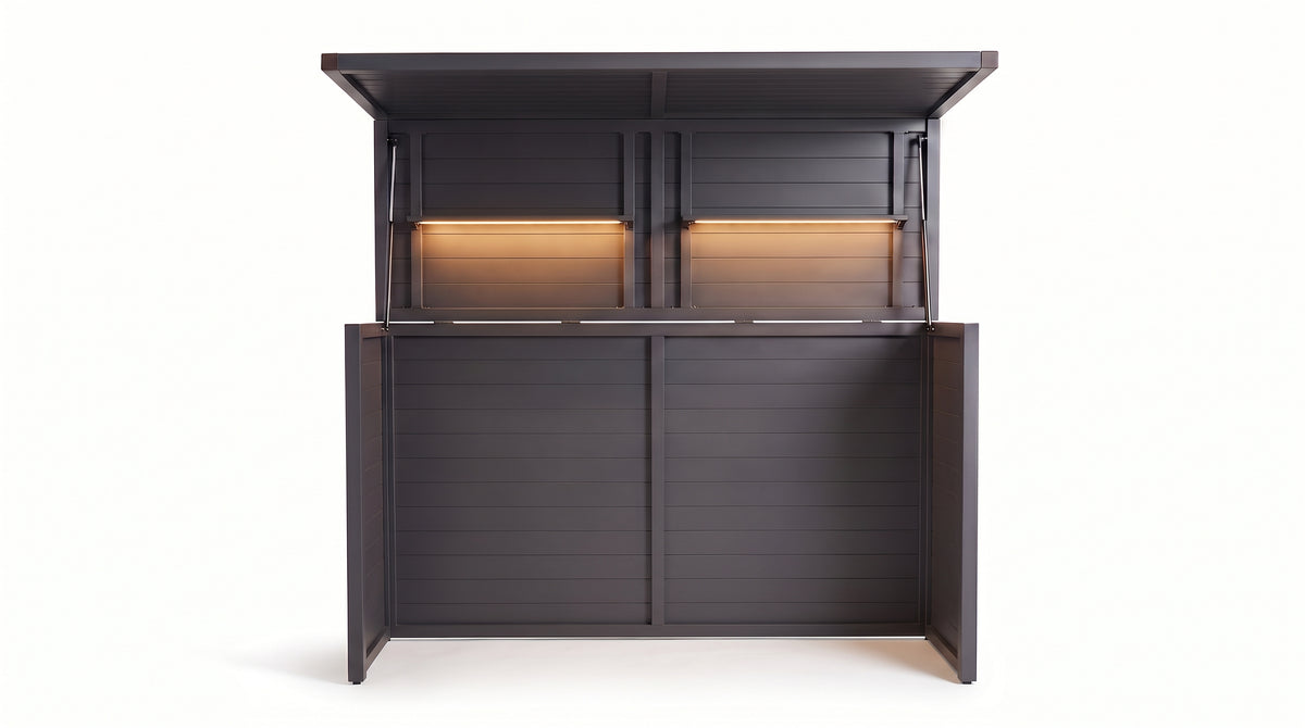 Vantage Outdoor Kitchen Pod Unit with Lift Up Lid, open with the shelf lights on, Grey#colour_grey