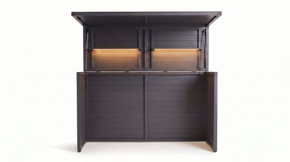 Vantage Outdoor Kitchen Pod Unit with Lift Up Lid, open with the shelf lights on, Grey