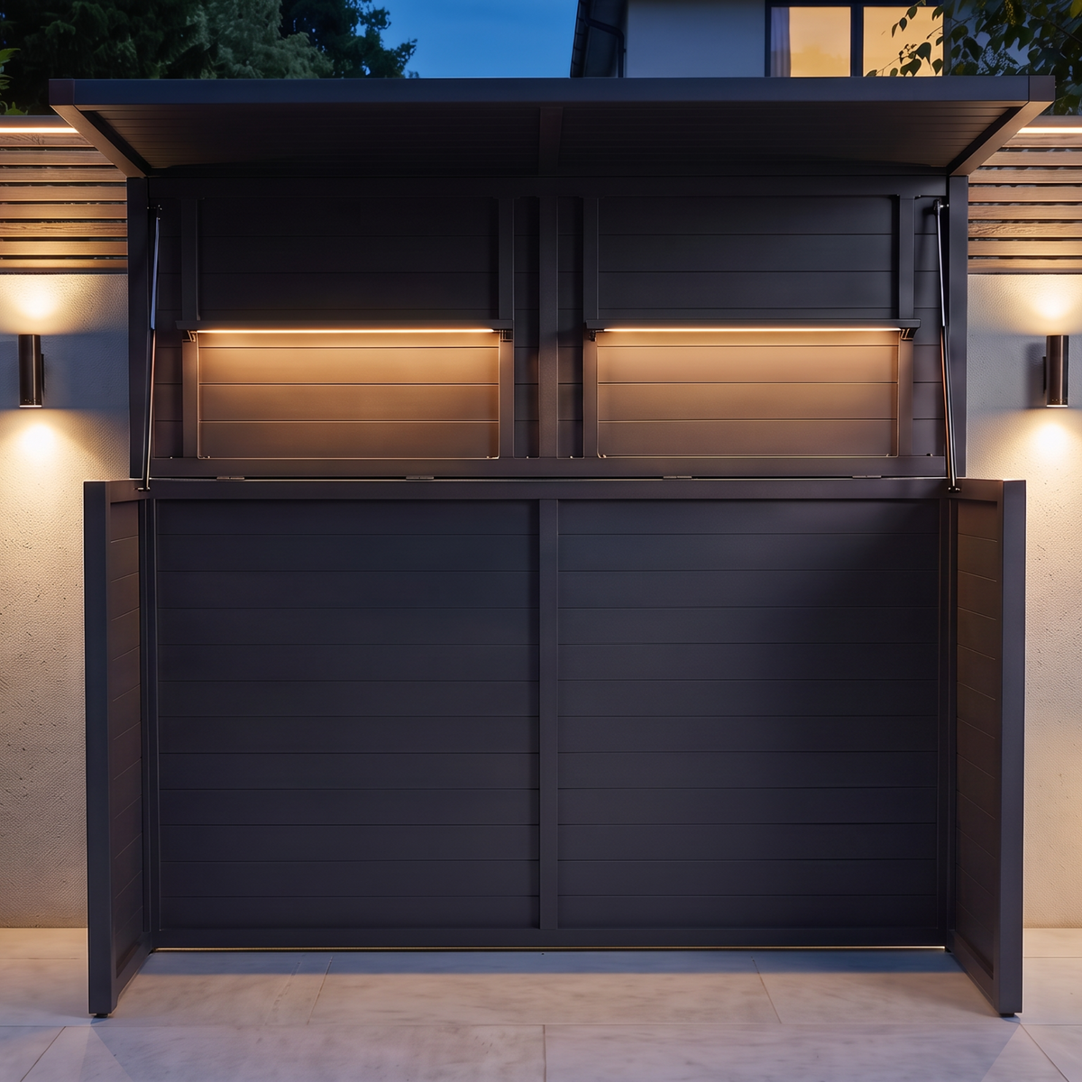 Vantage Outdoor Kitchen Pod Unit with Lift Up Lid, open and lit at night, no kitchen inside, Grey#colour_grey