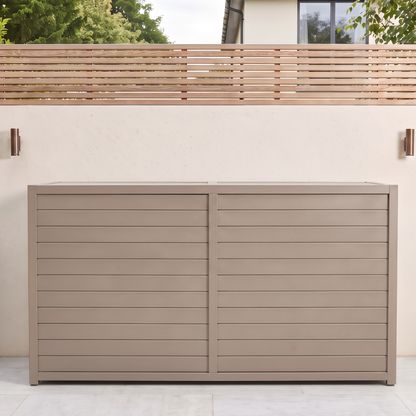 Vantage Outdoor Kitchen Pod Unit with Lift Up Lid, closed on a patio by day, Sand