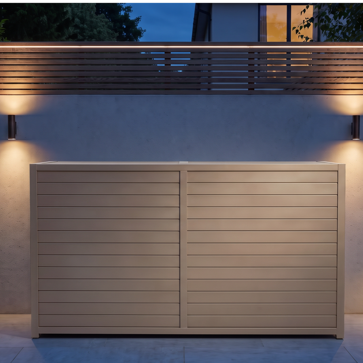 Vantage Outdoor Kitchen Pod Unit with Lift Up Lid, closed at night, Sand