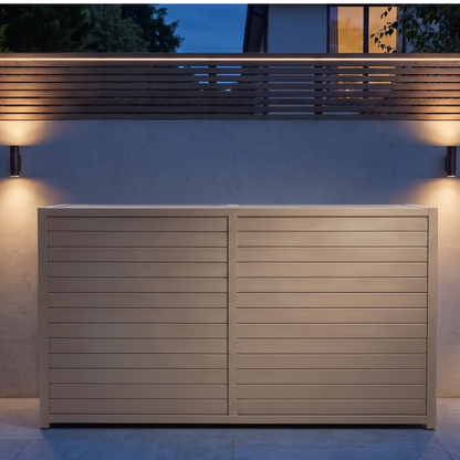 Vantage Outdoor Kitchen Pod Unit with Lift Up Lid, closed at night, Sand
