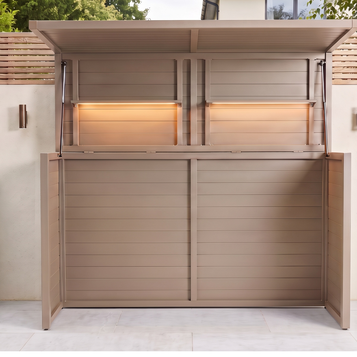 Vantage Outdoor Kitchen Pod Unit with Lift Up Lid, open on a patio by day, no kitchen inside, Sand